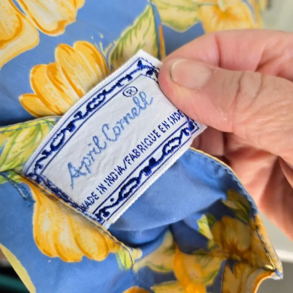 Vintage April Cornell Pillow Cover Insert Blue Yellow Fish Floral Cottagecore